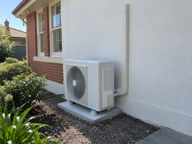 Outdoor air conditioner condenser on a concrete pad beside a brick home wall with pipe cover in Enfield
